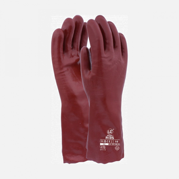 R135 - 14Inch (35cm) PVC Gauntlet Chemical Resistant Gloves - Red (XL)