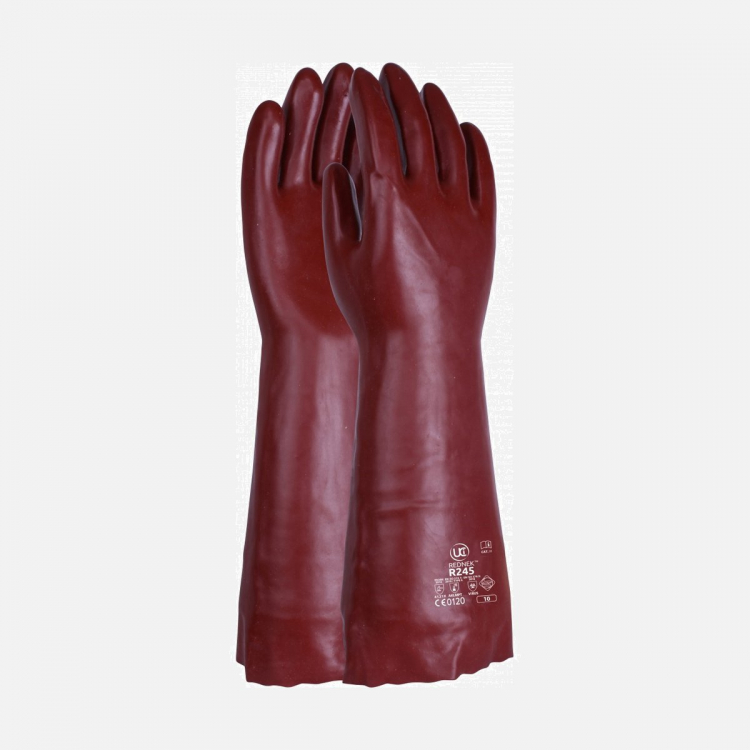 R245 - 18Inch (45cm) PVC Chemical Gauntlet Chemical Resistant Gloves - Red (XL)