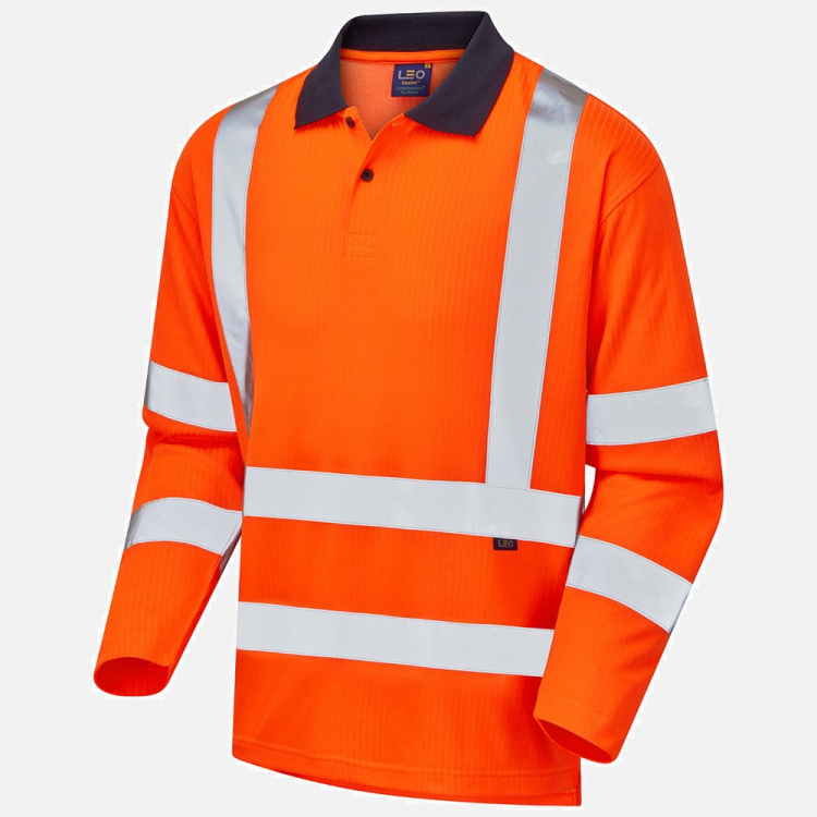 Leo Swimbridge P05 Hi-Vis Long Sleeve Polo Shirt - High-Visibility Orange - Mens - Sizes S-6XL